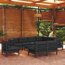 10-tlg. Garten-Lounge-Set mit Kissen Schwarz Massivholz Kiefer