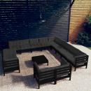 14-tlg. Garten-Lounge-Set mit Kissen Schwarz Massivholz Kiefer