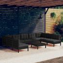 10-tlg. Garten-Lounge-Set mit Kissen Schwarz Massivholz Kiefer