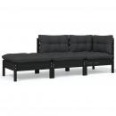 3-tlg. Garten-Lounge-Set mit Kissen Schwarz Kiefer Massivholz