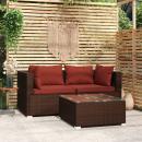 3-tlg. Garten-Lounge-Set mit Kissen Braun Poly Rattan