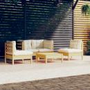 5-tlg. Garten-Lounge-Set mit Creme Kissen Kiefer Massivholz