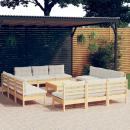 13-tlg. Garten-Lounge-Set mit Creme Kissen Kiefernholz