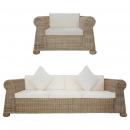 2-tlg. Sofagarnitur mit Kissen Natur Rattan