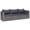 3-tlg. Garten-Sofagarnitur mit Kissen Grau Poly Rattan