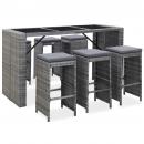 7-tlg. Gartenbar-Set mit Auflagen Poly Rattan Grau