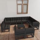 11-tlg. Garten-Lounge-Set mit Kissen Schwarz Kiefer Massivholz